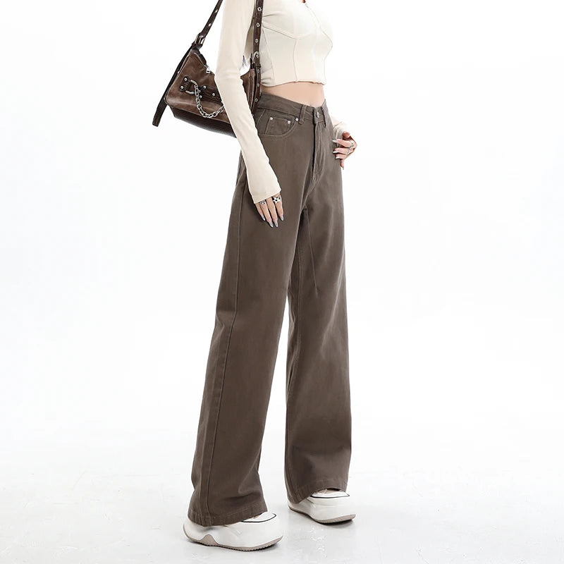 Rock the urban vibe with these baggy, high-street fashion, straight brown jeans for women! -
