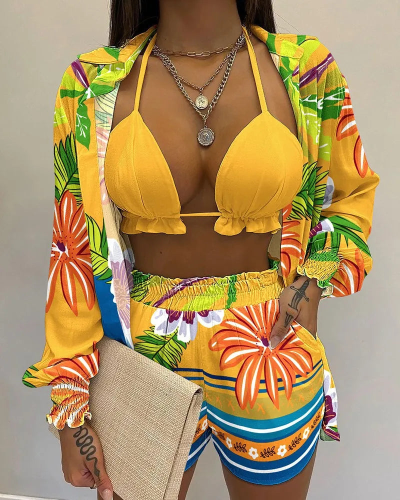 2024 New Bathing Suit Shorts Cover Up Summer Three Pieces Swimwear Sexy Beachwear High Waist Bikini Set Print Women's Swimsuit -