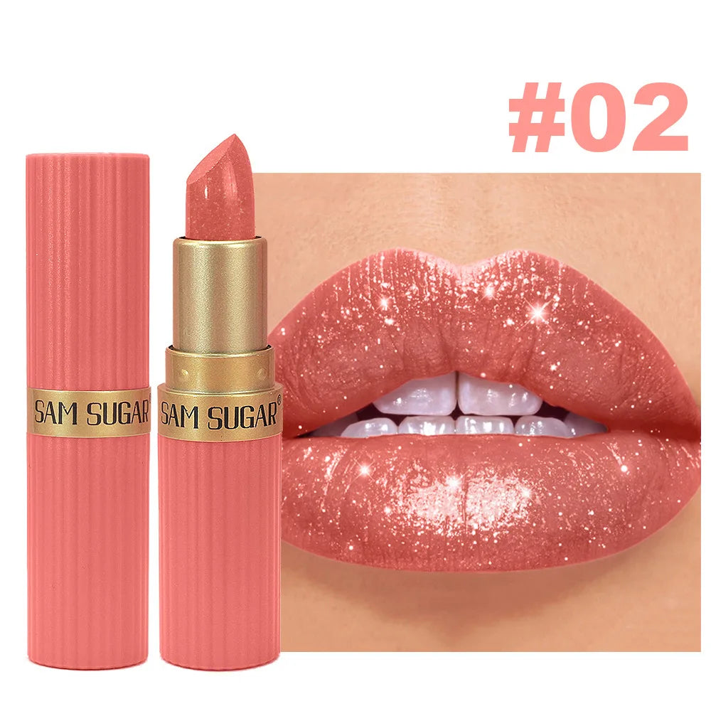 Pearlescent Pink Glitter Velvet Lipstick Metallic Waterproof Long Lasting Matte Shimmer Diamond Lipstick Women Makeup Cosmetic -