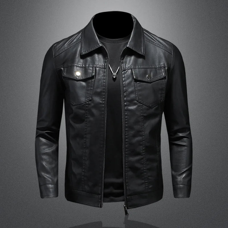 Men's Motorcycle Leather Jacket Large Size Pocket Black Zipper Lapel Korean Slim Fit Male High Quality PU Leather Coat for Men -
