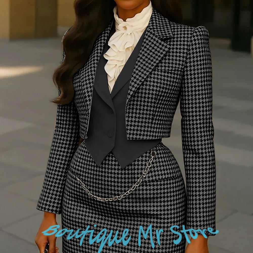 Women’s 3-Piece Suit Set Cropped Blazer+Vest+Mini Skirt -