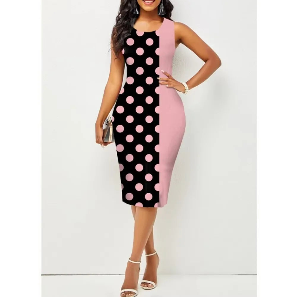 Plus Size Midi Dress for Women Elegant Print Party Dress 2024 Sleeveless Slim Dress -
