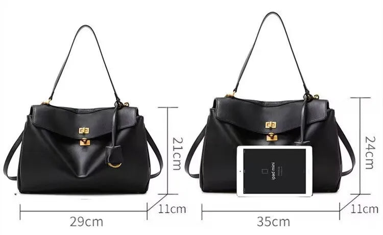 Elevate your style with this genuine leather women's tote bag. Featuring a distinctive gold buckle, this elegant handbag is perfect for commuting and adding a touch of sophistication to your look. -