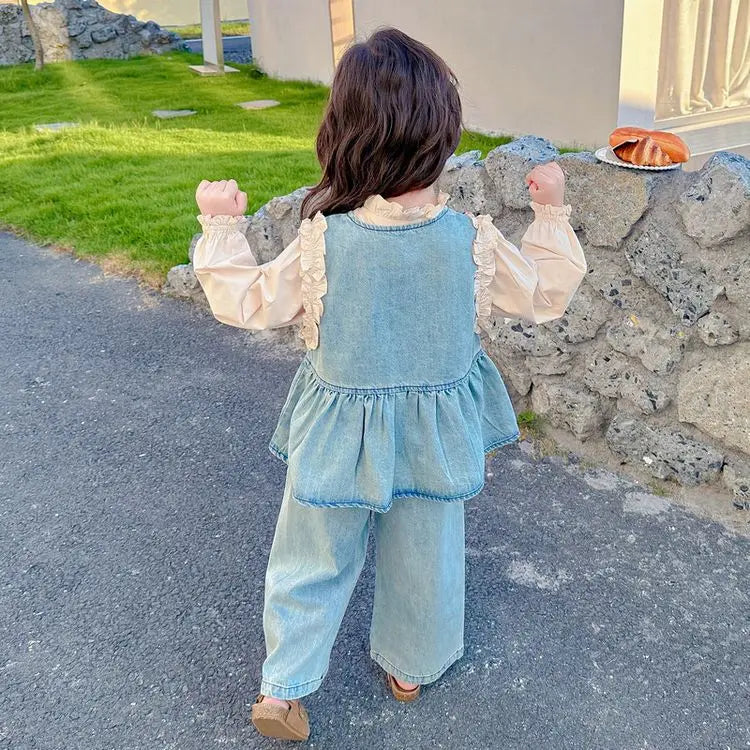 Children's Clothing Sets Girls Denim Vest + Long Sleeve Shirt + Wide Leg Pants Three-piece Suit Toddler Kids Boutique Clothes -