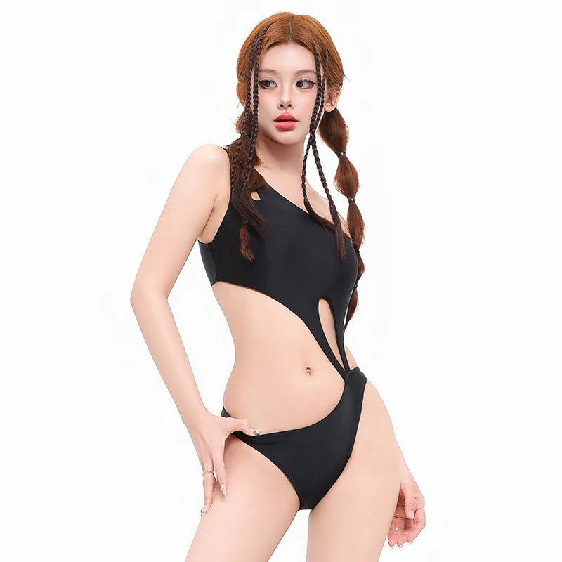 Black Women Swim Suit One-piece Swimsuits Korean Fused Swimwear Ladies Bathing Suits Off Shoulder Bodysuit Monokini Beachwear -