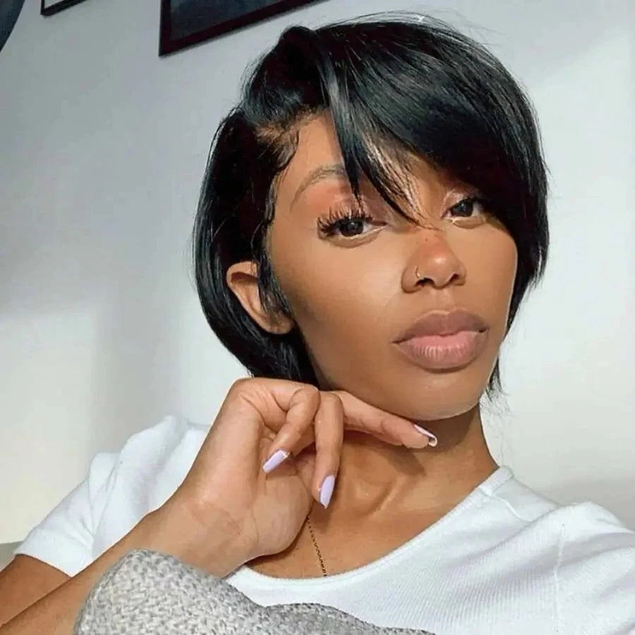 Refresh your style with this 13x4 lace frontal short human hair wig—featuring a trendy pixie cut and natural lace front for a flawless, stylish look! -