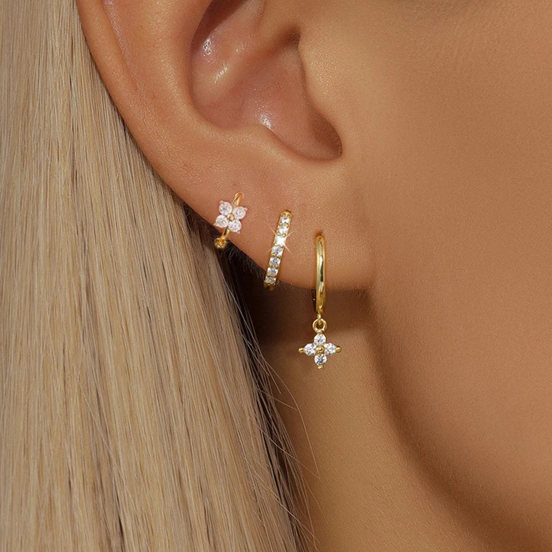 3PCS Trendy Stainless Steel Flower Drop Earring Set -