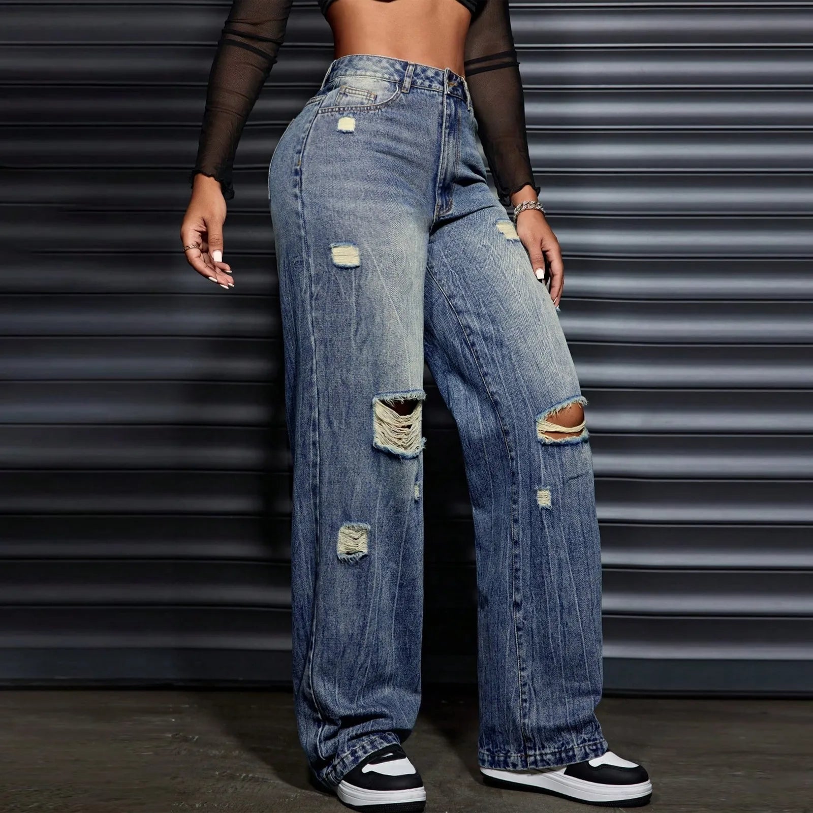 Stay on trend with these denim ripped straight-leg jeans for women—a perfect blend of edgy and classic style! -