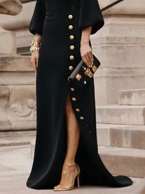Modigirl Wedding Prom Evening Gown Party Slit Maxi Dresses for Woman 2025 New Lace Up Gold Button Womens Black Autumn Long Dress -