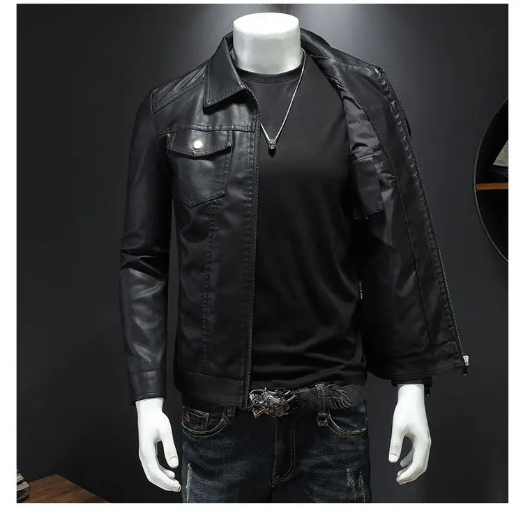 Men's Motorcycle Leather Jacket Large Size Pocket Black Zipper Lapel Korean Slim Fit Male High Quality PU Leather Coat for Men -