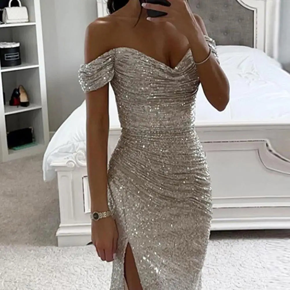 Dazzle in style with this sequin pleated maxi dress featuring short sleeves and a waist-tight silhouette—perfect for showcasing sophistication and glamour! -