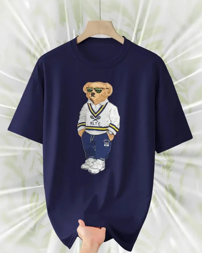 Men's Fashion Loose Round Neck T-shirt Casual Street Style with Teddy Bear Graphic Printed Short Sleeve Perfect Gift for Him -