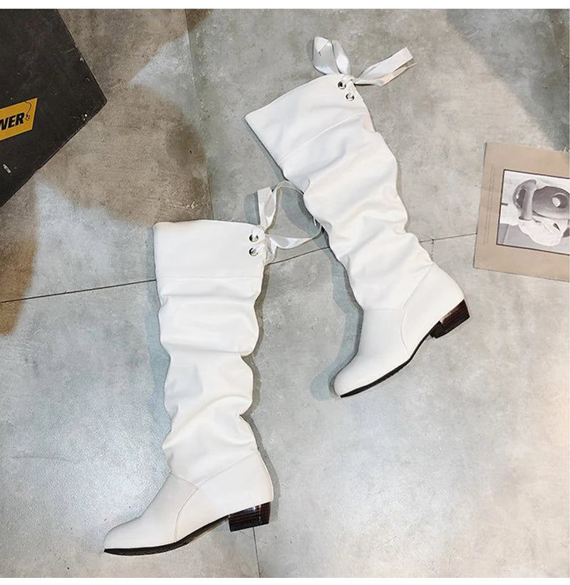 2023Shoes For Women Knee High Boots Red Black White Tall Boots Woman Pleated Low Heel Casual Leather Female Long Shoes -