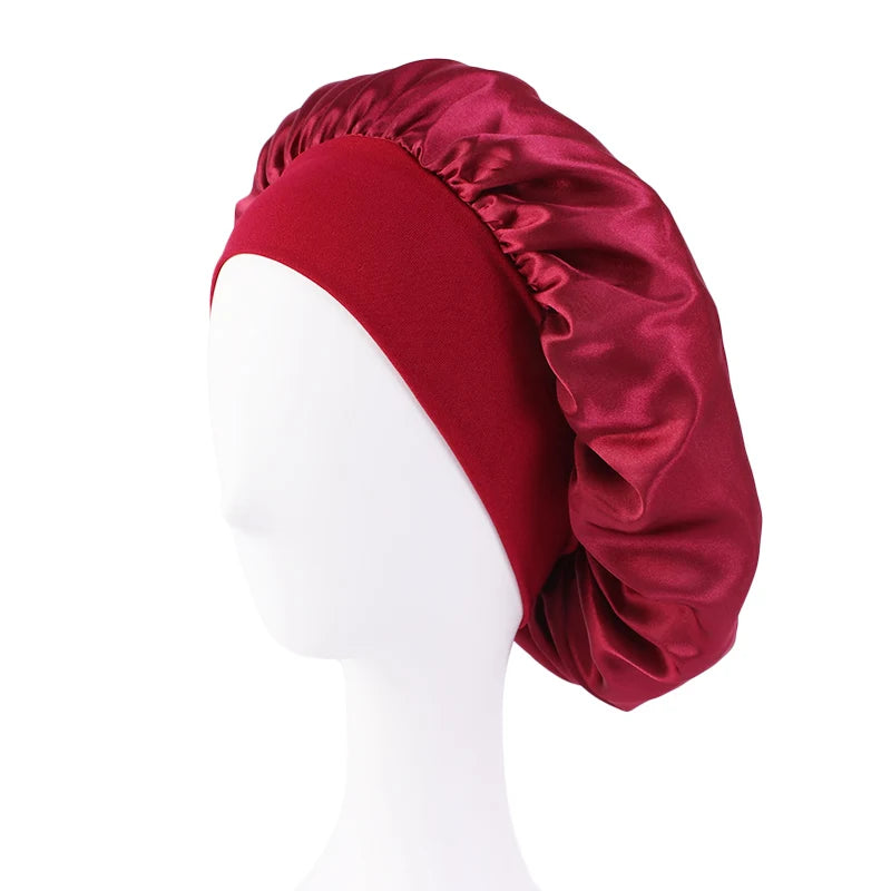 Protect your hair in style with these satin solid bonnets. Featuring a wide-brim design, these hats are perfect for night sleeping or bathing and are suitable for both men and women. -