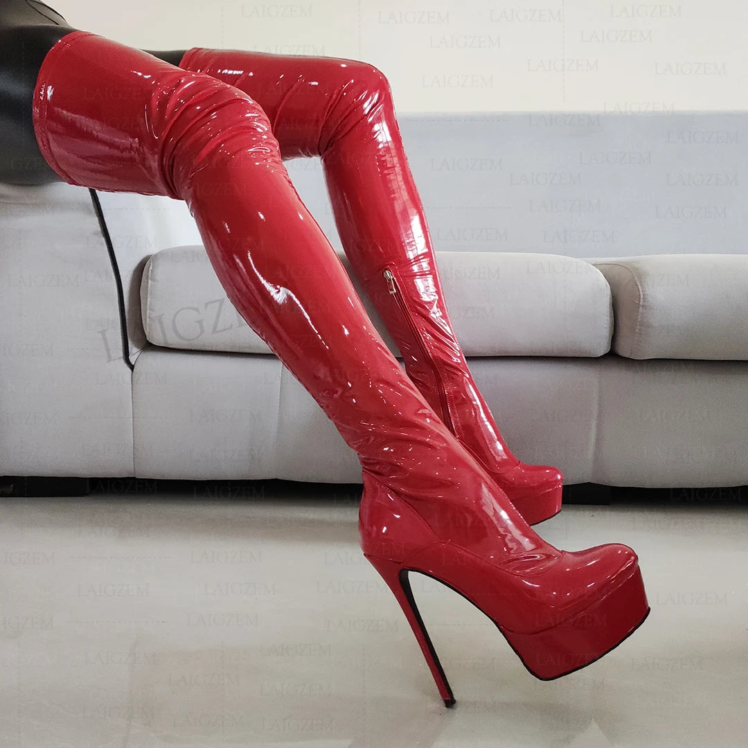 LAIGZEM Women Thigh High Boots Round Toe Stietto Heels Side Zip Over Knee Boots Cosplay Dance Shoes Woman Big Size 41 43 45 52 -