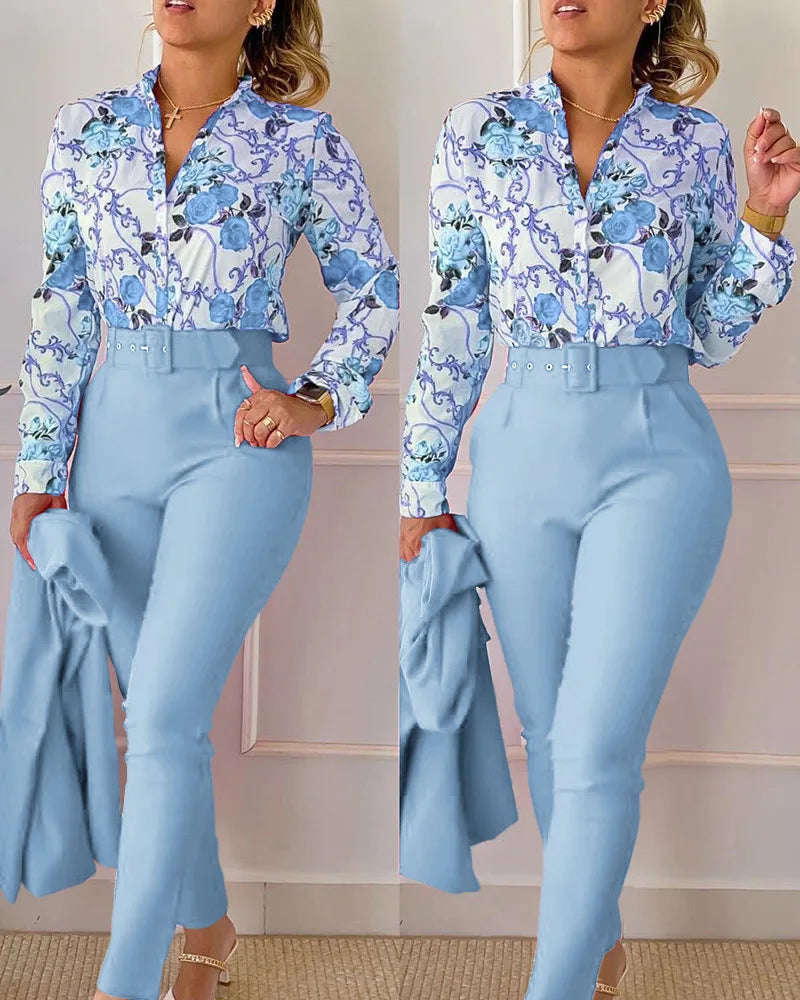 Casual Long Sleeve Shirt Pants Set -