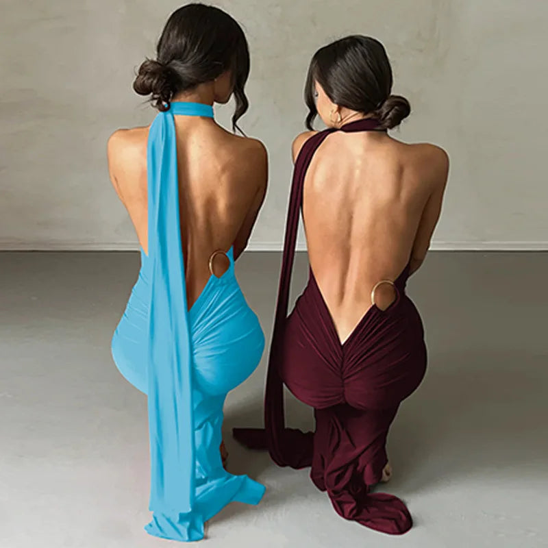 One Shoulder Sleeveless Backless Maxi Dress -