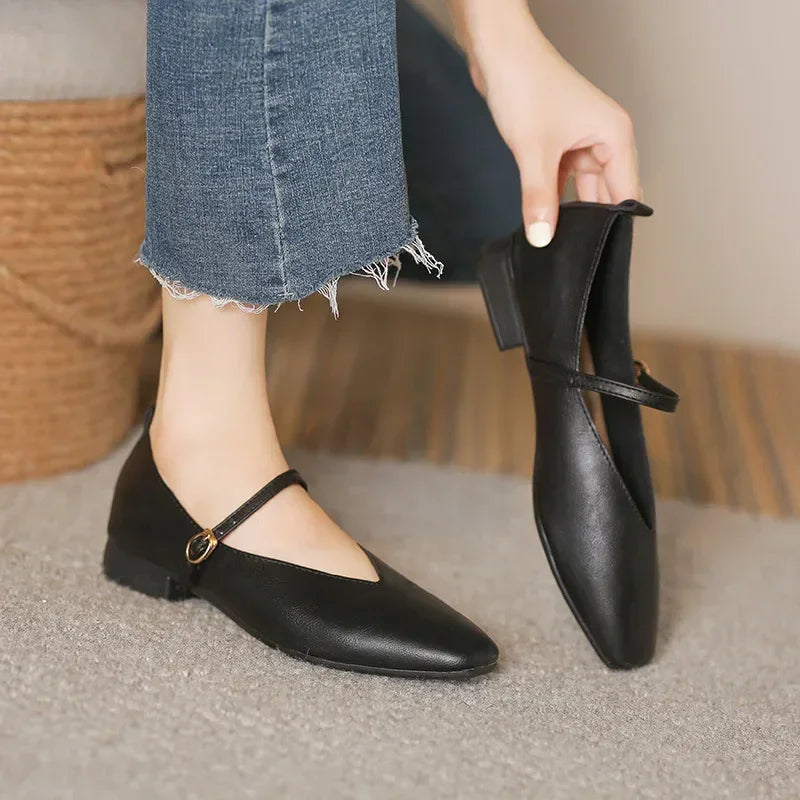 Woman Spring Casual Square Toe Low Soft Soled Shoes Lolita Ballerina Red Flats Female Elegant French Retro Buckle Mary Janes -