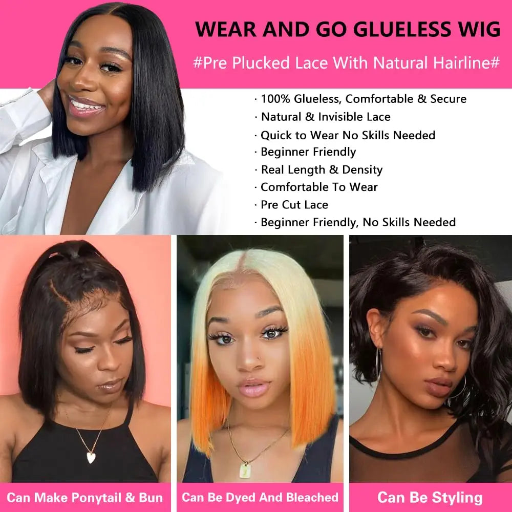 Wear And Go Glueless Wigs Human Hair Bob Straight Pre Cut Lace Front Wigs Human Hair Upgraded No Glue Lace Front Wigs For Women -