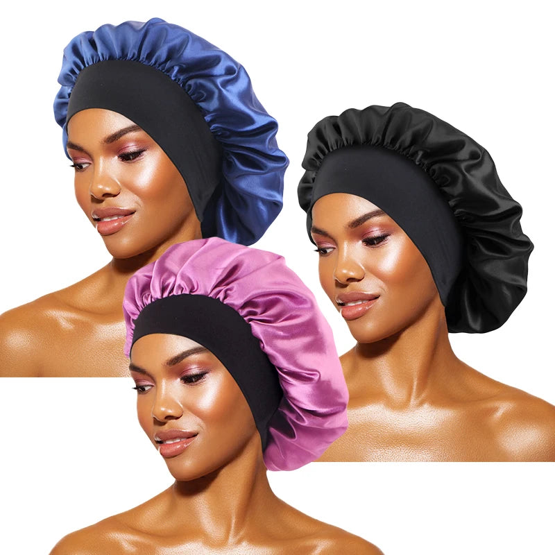 Protect your hair in style with these satin solid bonnets. Featuring a wide-brim design, these hats are perfect for night sleeping or bathing and are suitable for both men and women. -