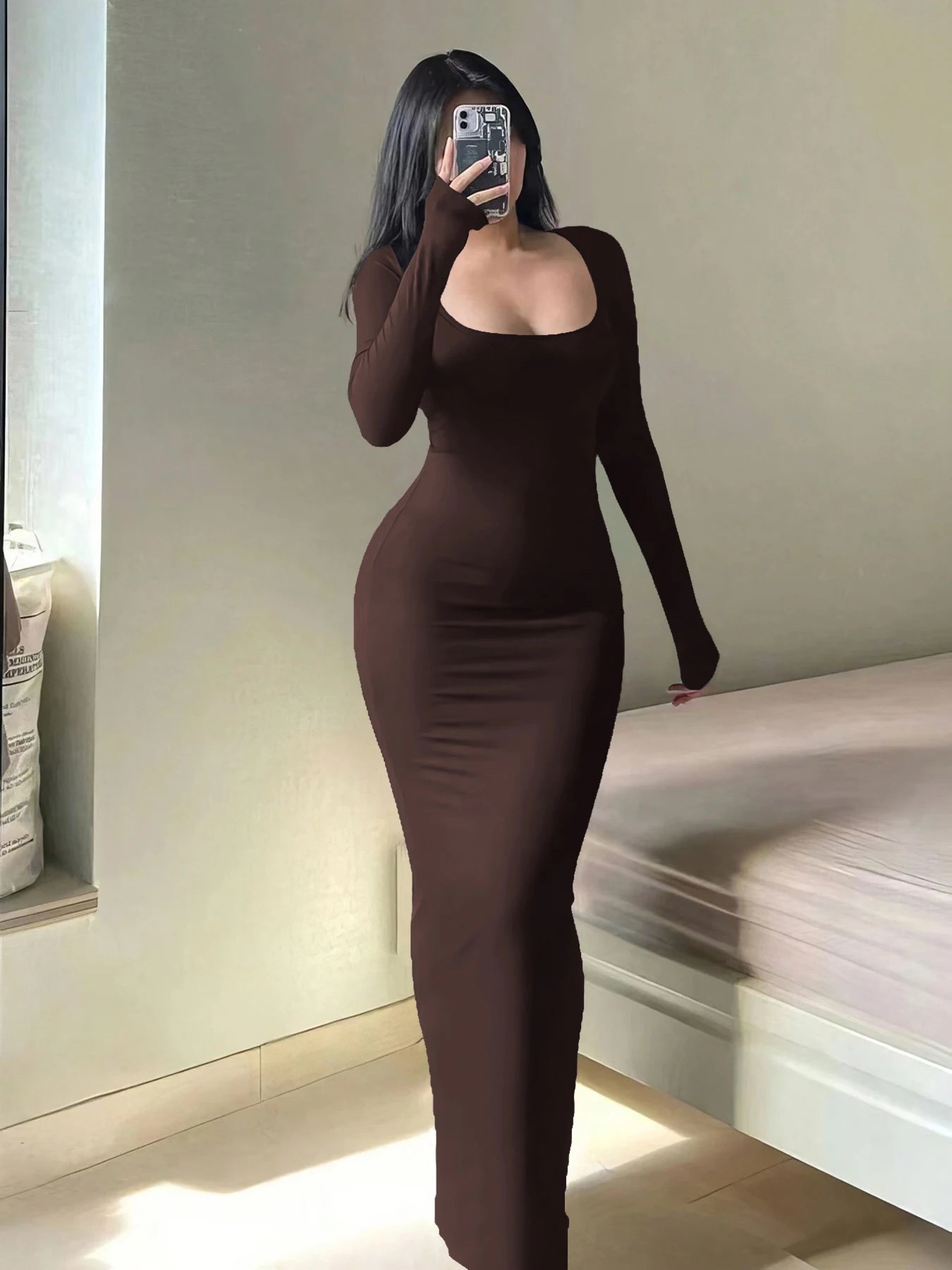 Women's Solid Long Sleeve Dress -