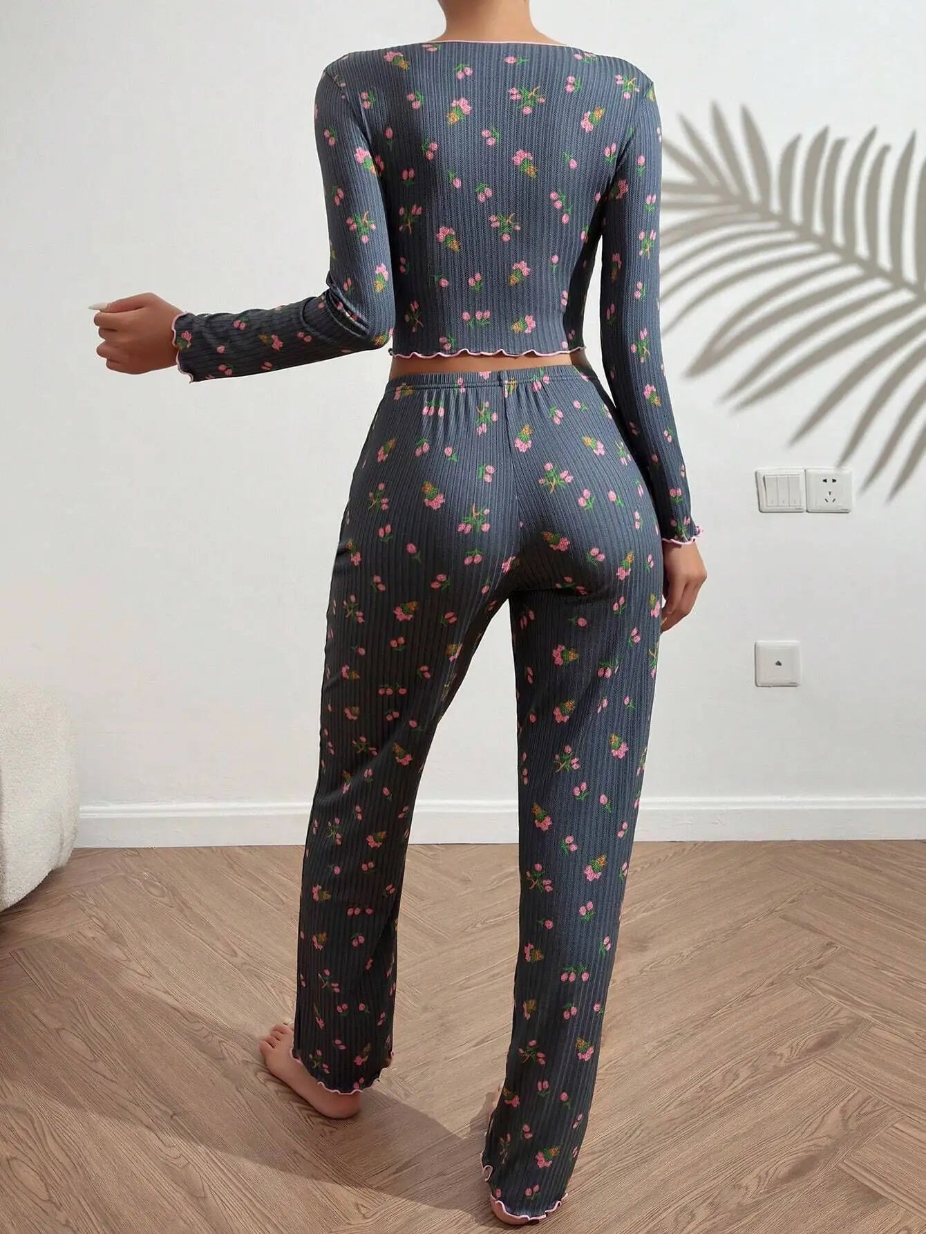 Y2K Cute Floral Ribbed Pajama Set Womens Long Sleeve V Neck Two Piece Sleepwear Homewear Autumn Winter Bow Lettuce Trim New Hot -