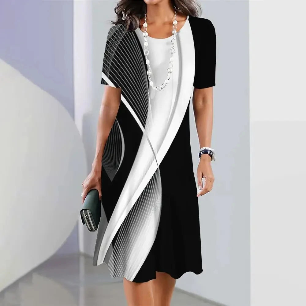 New Women's Dresses Striped Printed Elegant Casual O Neck Short Sleeve Summer Dresses Fashion Ladies Plus Size Clothing Vestidos -
