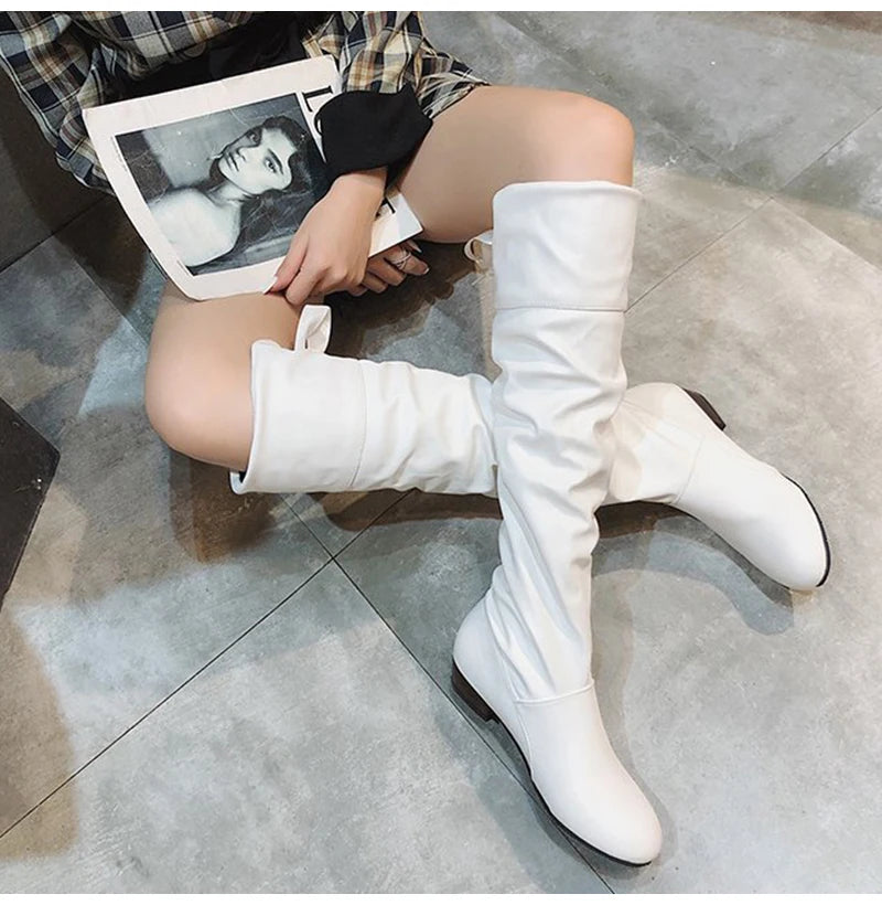 2023Shoes For Women Knee High Boots Red Black White Tall Boots Woman Pleated Low Heel Casual Leather Female Long Shoes -