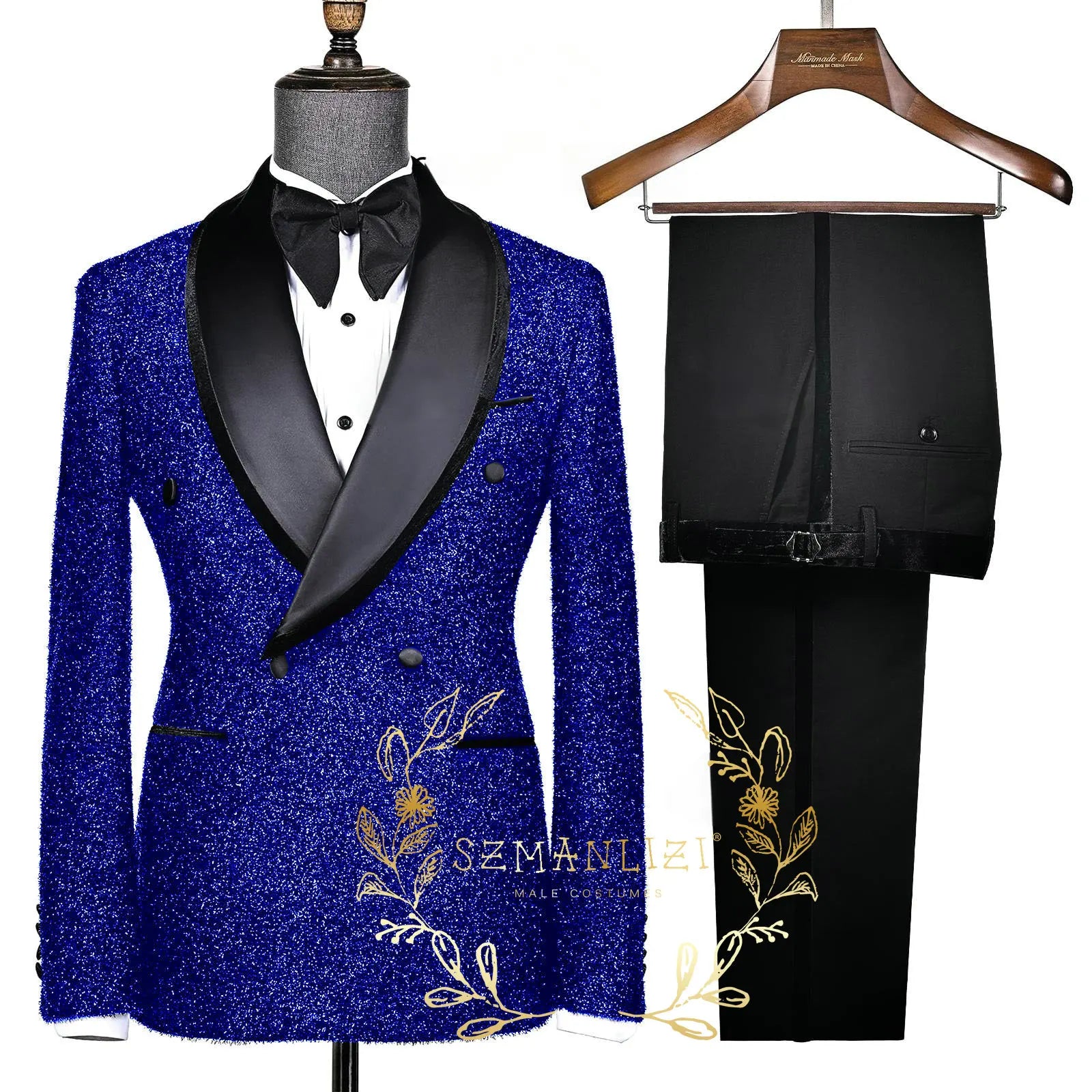 Fashion Shiny Black Men's Suits Slim Fit Double Breasted Shawl Lapel 2 Piece Jacket Pants Male Clothing Prom Party Outfits -