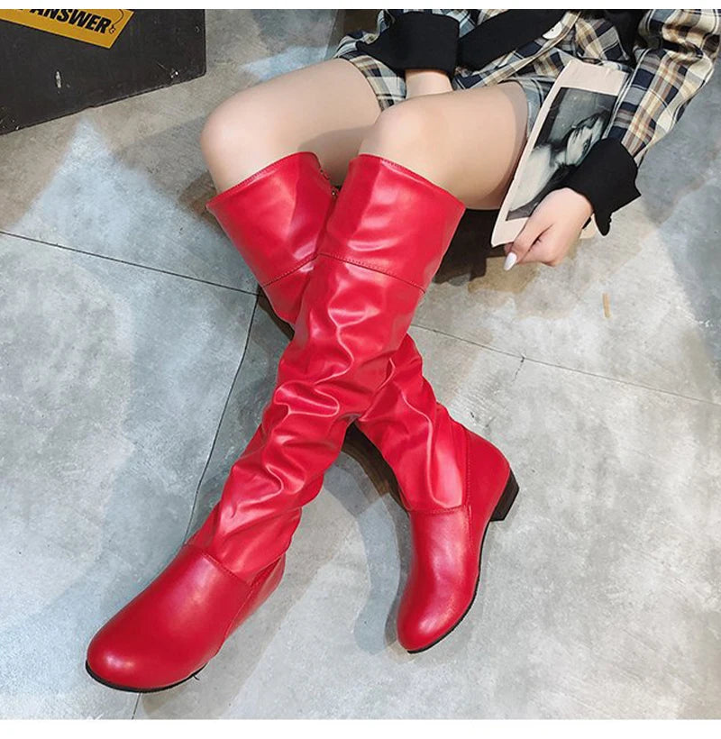 2023Shoes For Women Knee High Boots Red Black White Tall Boots Woman Pleated Low Heel Casual Leather Female Long Shoes -