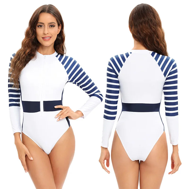 Stay stylish and protected from the sun in this long-sleeved one-piece swimwear for women! -