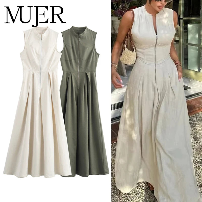 MUJER Zipper Long Dress Woman Pleated Sleeveless Bodycon Dress Summer Elegant Party Dresses For Women 2025 New Midi Dresses -