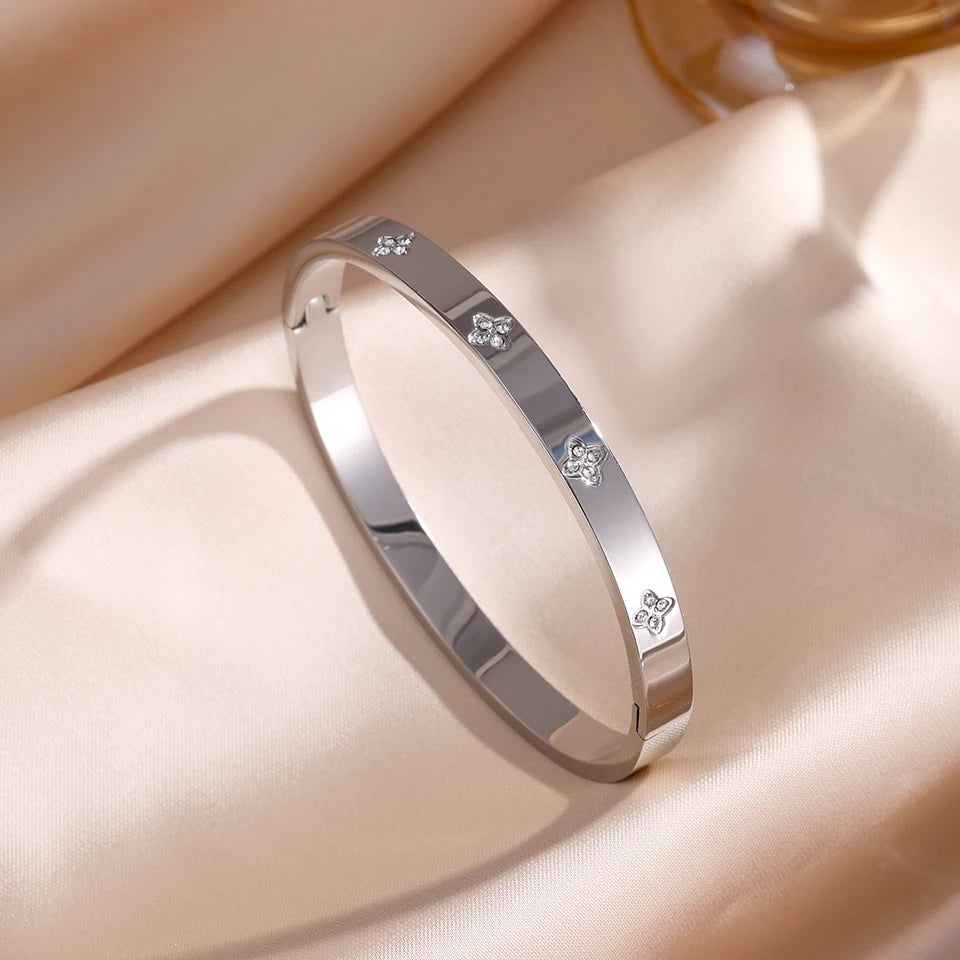 5/1pcs Sparkling Zirconia Inlaid Stainless Steel Bracelet Set -