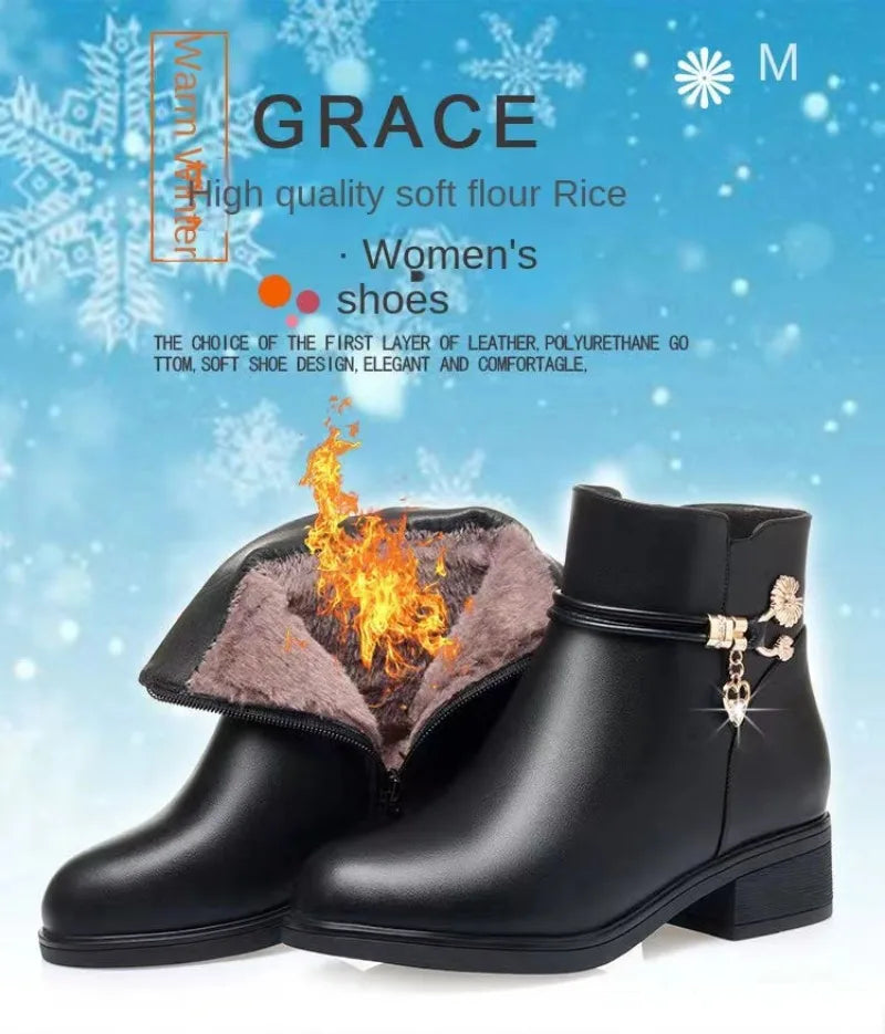 Winter Boots Women's Waterproof Warm Leather Mother Cotton Boots Fashion Black Mid heel Plush Snow Boots Soft Sole Short Boot -