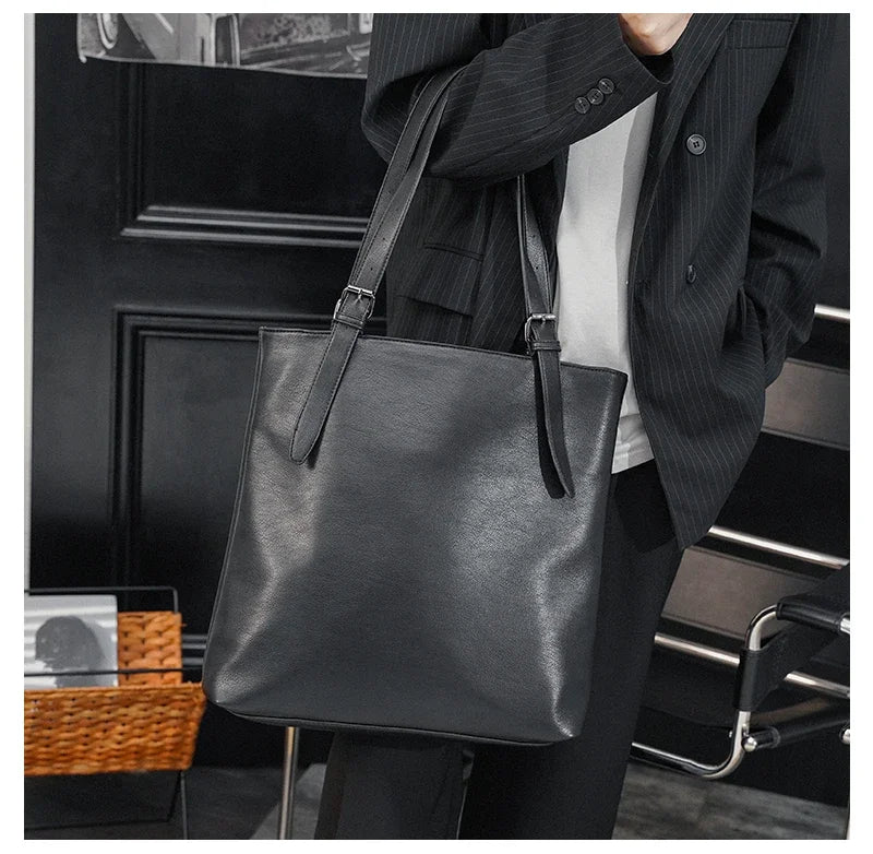 Soft Leather Tote Bag for Men Japanese Korea Style Business Casual Street Handbag Male Large Capacity Zipper Laptop Underam Bags -