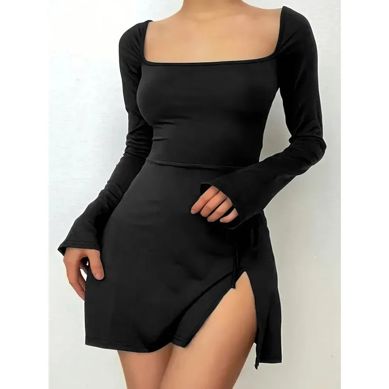 Womens Sexy Mini Dresses Long Sleeves with Lace-up Split -