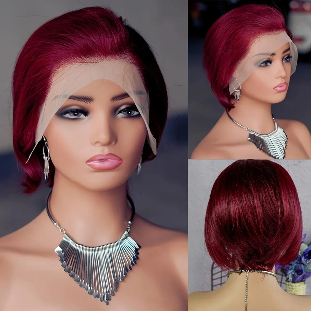 Turn heads with these 13x4 transparent lace front wigs—featuring highlight colors in a sleek straight pixie cut or short bob, crafted from 100% human hair for a natural, stylish look! -