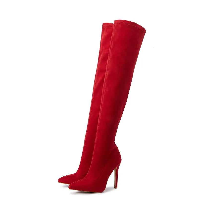 Eilyken Sexy Fashion Pointed Toe Over-The-Knee Boots Women Red Zipper High Heels Shoes Winter Striptease Motorcycle Long Botas -