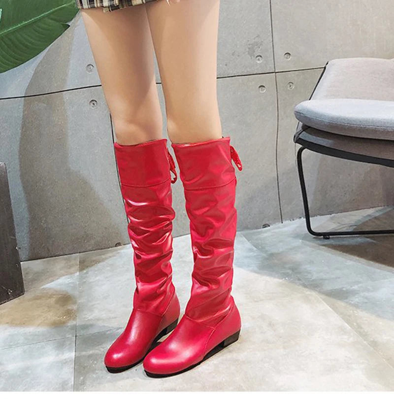 2023Shoes For Women Knee High Boots Red Black White Tall Boots Woman Pleated Low Heel Casual Leather Female Long Shoes -