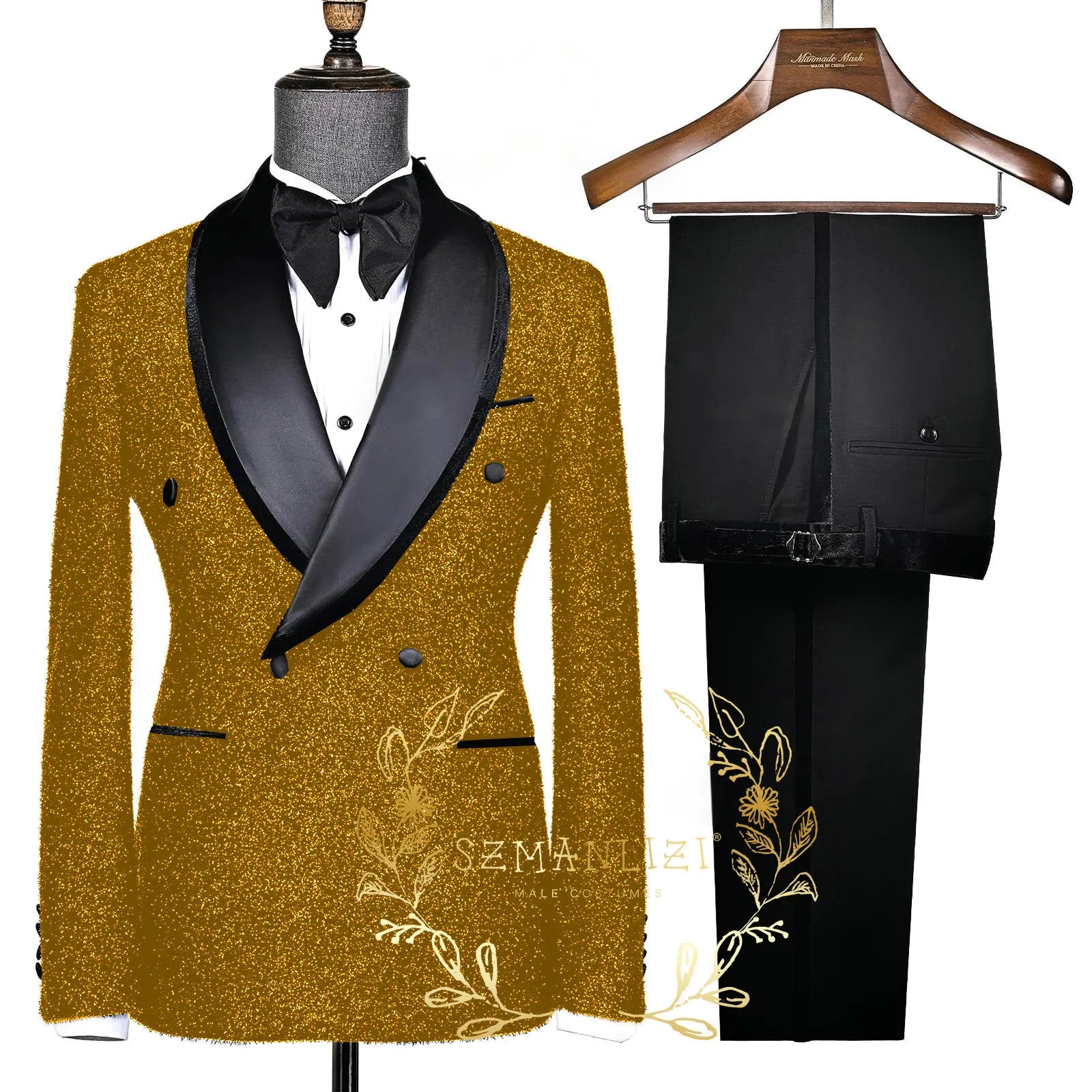 Fashion Shiny Black Men's Suits Slim Fit Double Breasted Shawl Lapel 2 Piece Jacket Pants Male Clothing Prom Party Outfits -