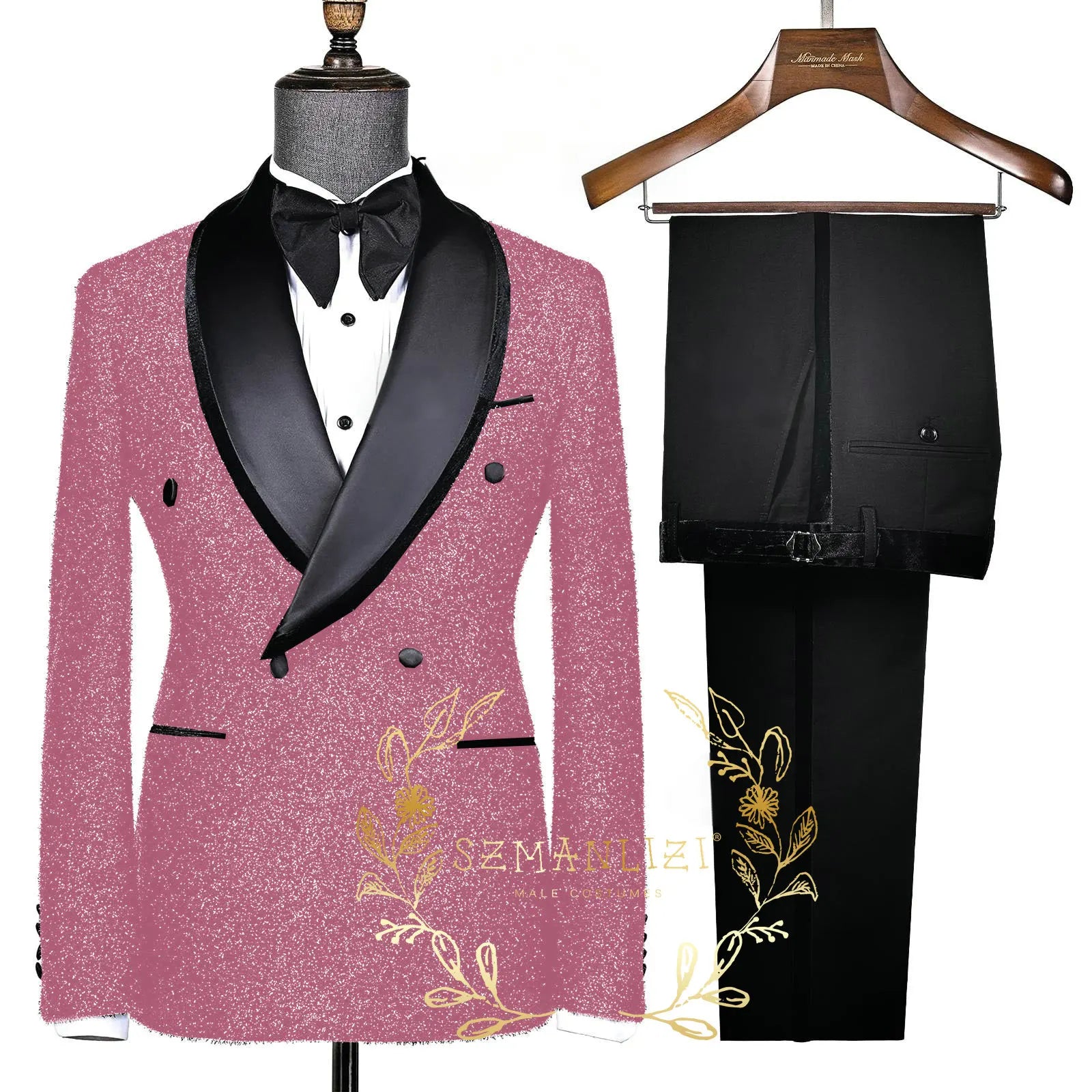 Fashion Shiny Black Men's Suits Slim Fit Double Breasted Shawl Lapel 2 Piece Jacket Pants Male Clothing Prom Party Outfits -