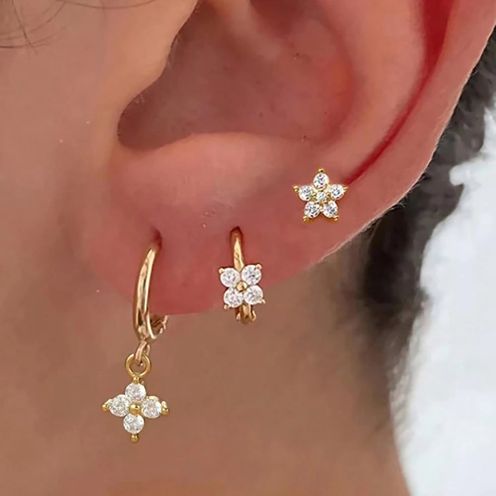 3PCS Stainless Steel Zircon Flower Earring Set for Women -