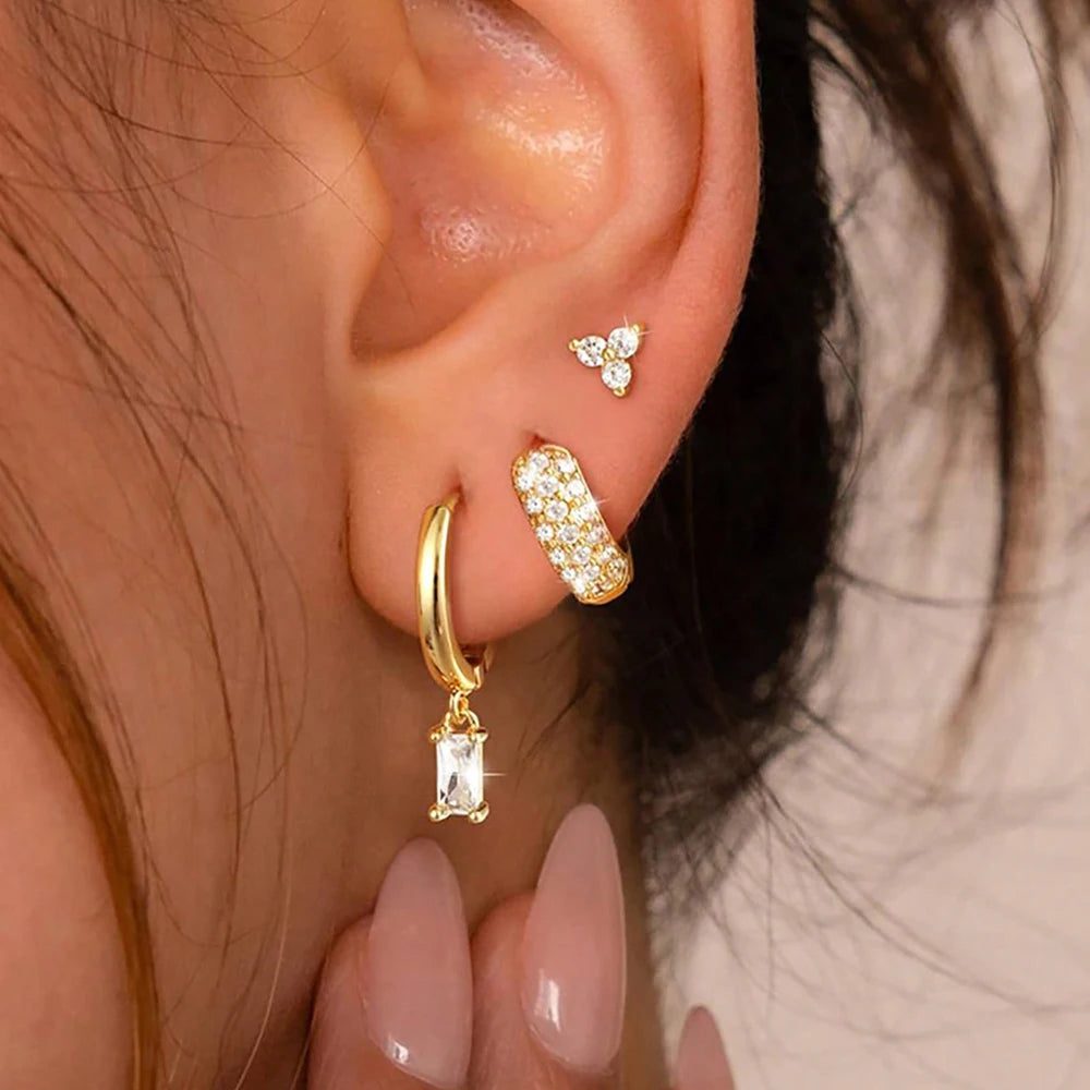 3PCS Stainless Steel Zircon Flower Earring Set for Women -