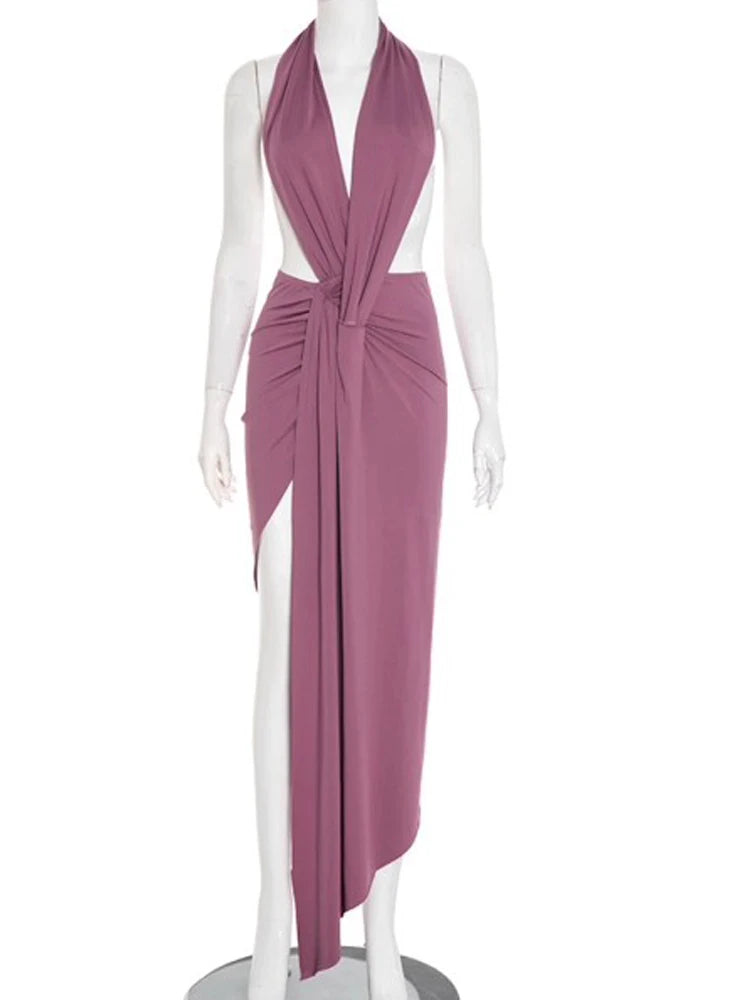 Halter V Neck Twist Front Dress -