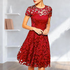 Make a chic statement with this elegant women's dress featuring an O-neck design, transparent lace, and hollow detail—a perfect choice for a sophisticated and stylish look. -