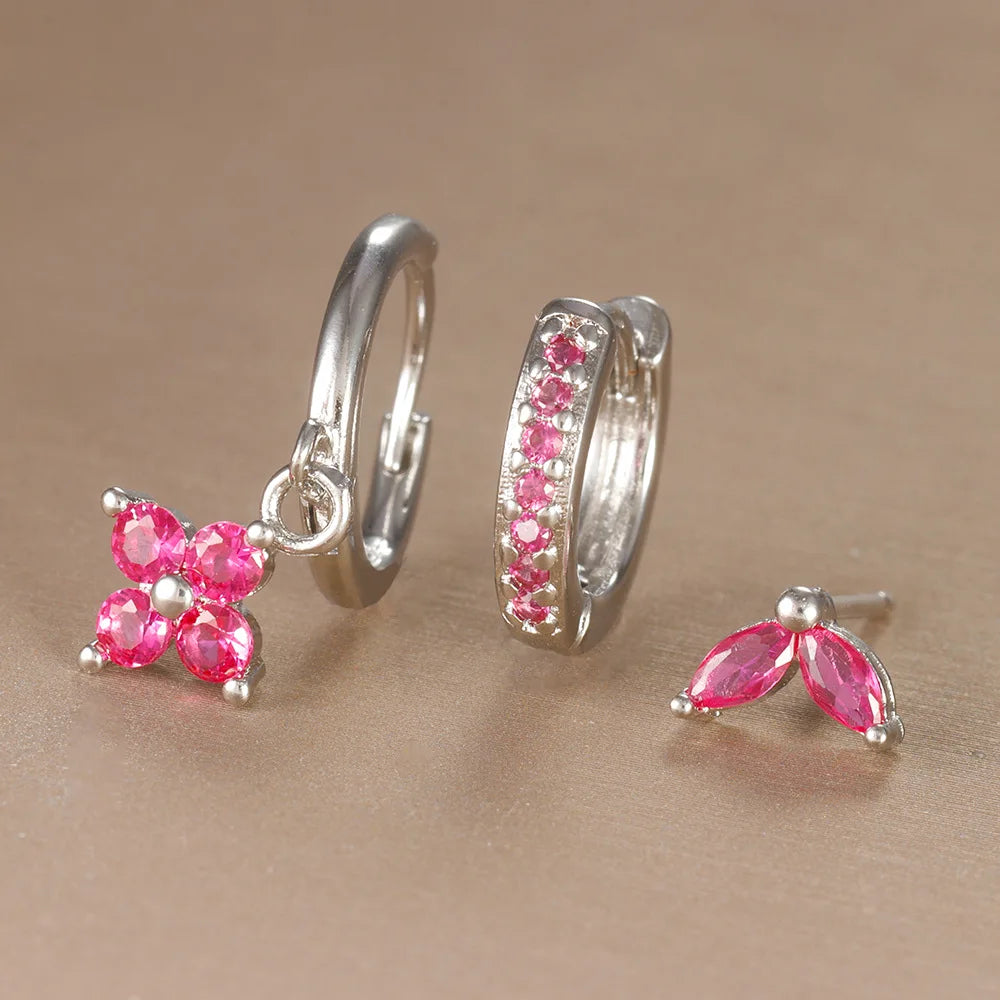 3PCS Trendy Stainless Steel Flower Drop Earring Set -