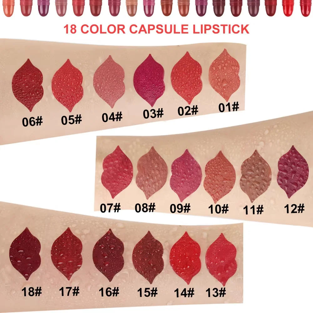 Set of 18 Colorful Capsule Lipstick Pills, Including Waterproof And Long-Lasting Lip Gloss, Sparkling Glitter Lipstick -
