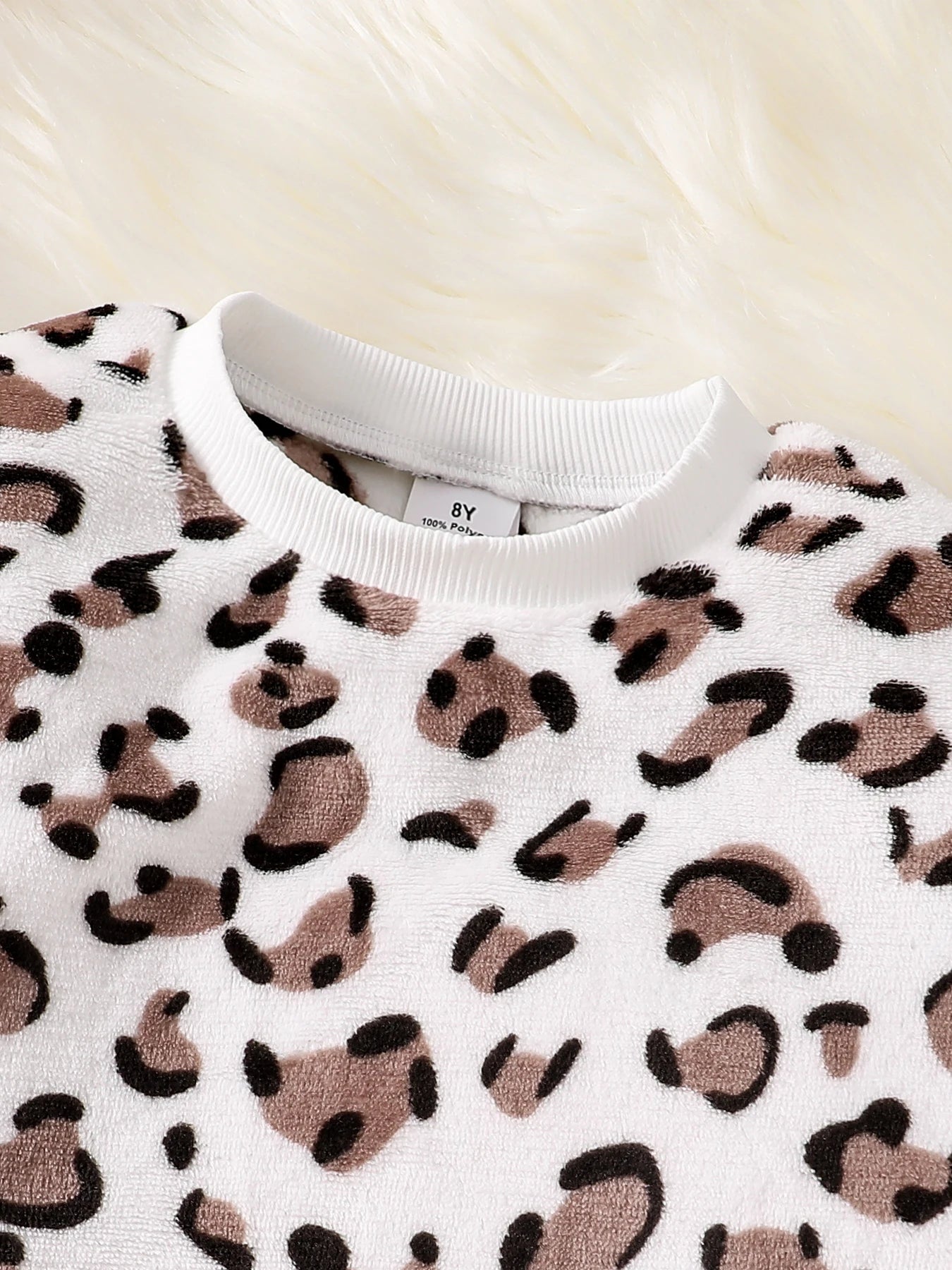 2 pieces fashion set leopard print round neck long sleeve top; solid color slim fit pants. -