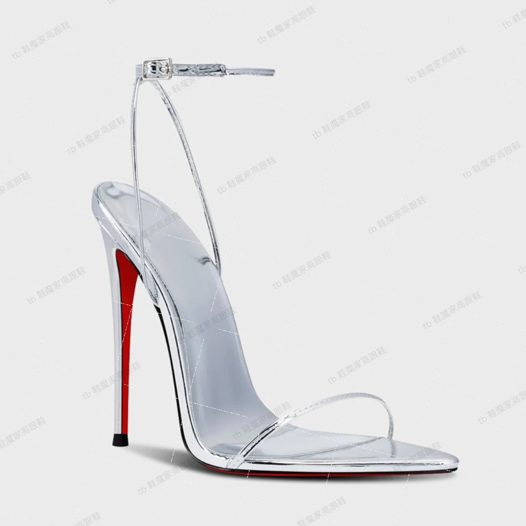 Silver 12cm slim toe high-heeled shoes, 2025 new sexy one-piece buckle fashion sandals, single shoe33-46 -