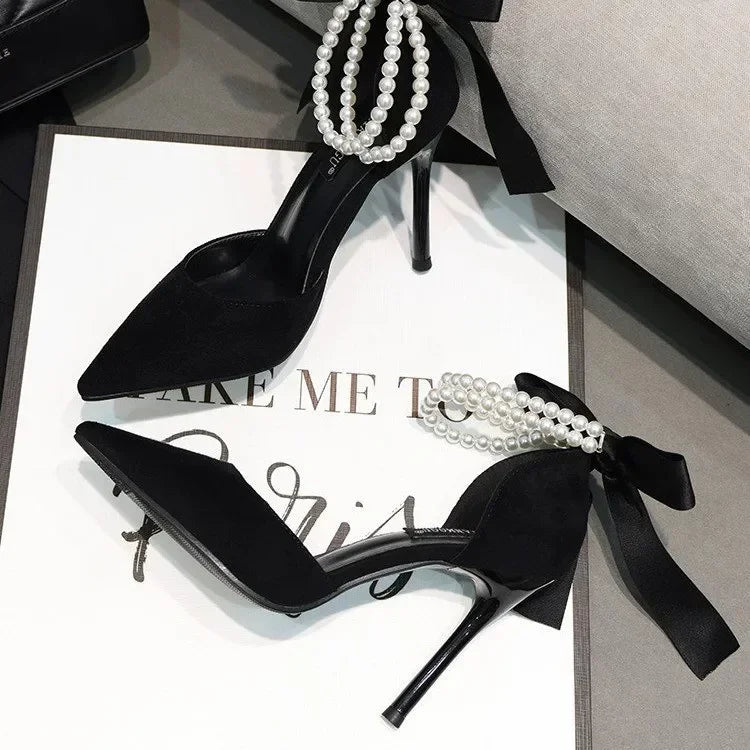 Shoes for Women 2023 Brand Spring Women's Pumps Pointed Toe Solid Flock Beads Bow Tie Buckle Shallow Mouth Novelty High Heels -